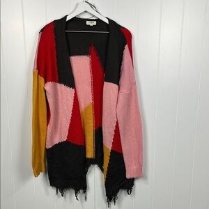 Umgee Womens Open Front Cardigan L Color Block Red Pink Gray Fringe Hem Details
